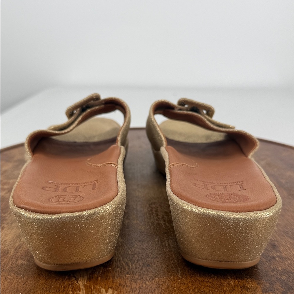LDP Sandals Wm 9M L'Amour Des Pieds Gold Sparkle Leather Buckle Slides - Picture 4 of 11